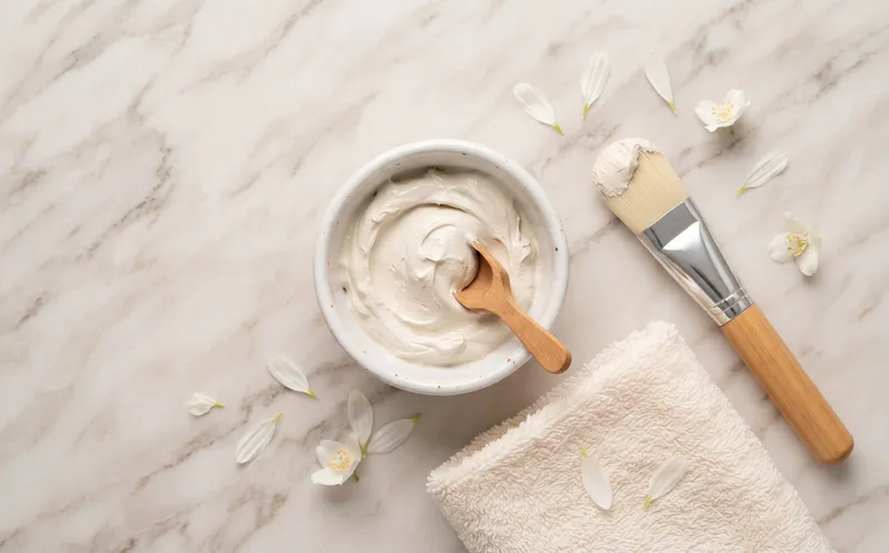 Mascarilla facial, brocha y toalla sobre mármol