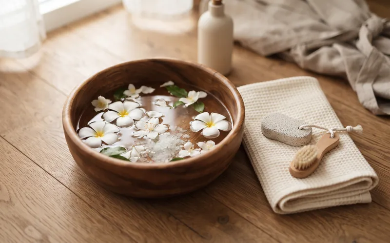 Bowl de madera con flores y piedra pómez para pedicure